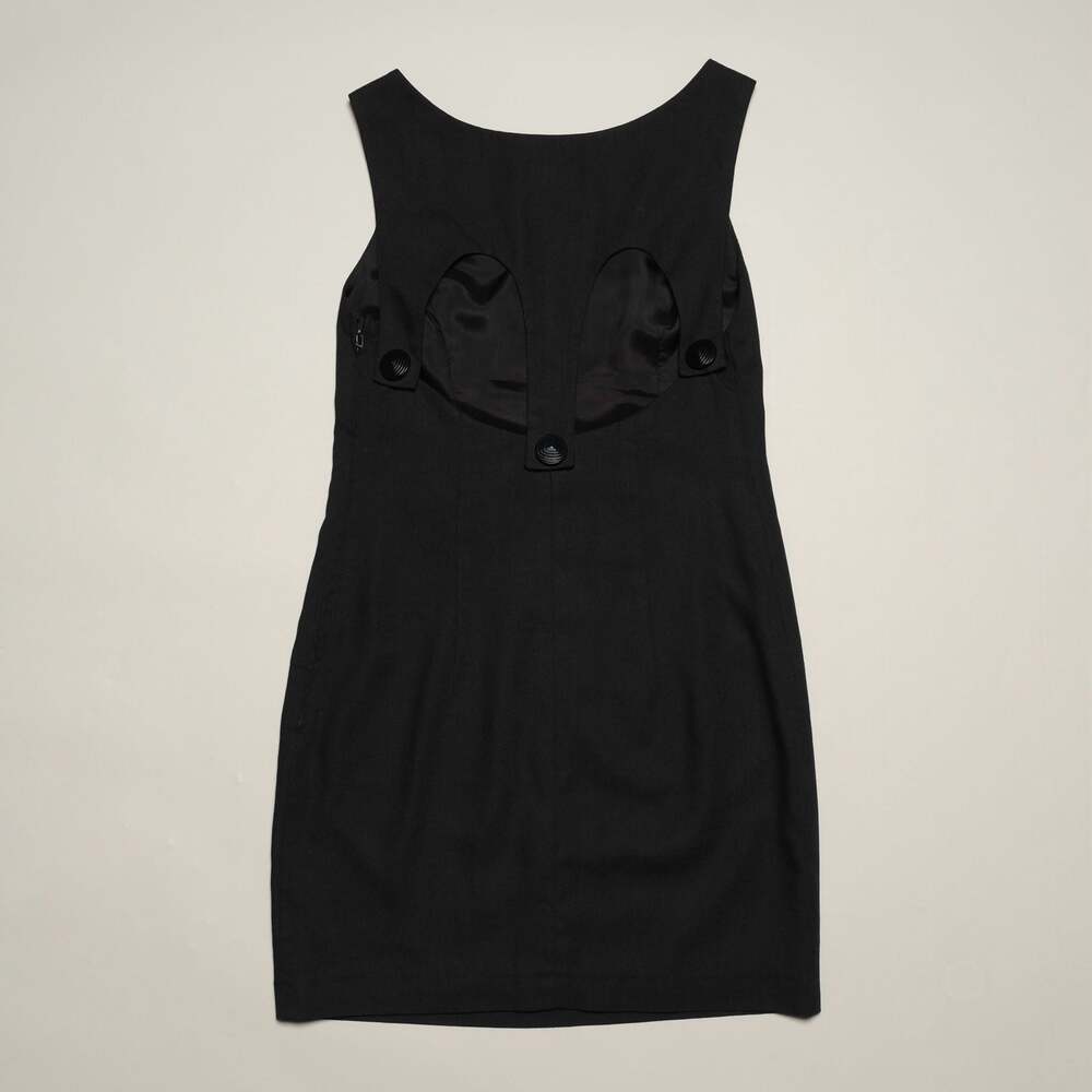 Vintage 90’s Sleeveless Black Mini Mod Dress With Back Cutout and Button Detail